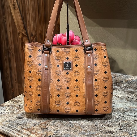 MCM EUC Tan Visetos Coated Canvas and Leather Shopper Tote - Picture 1 of 13